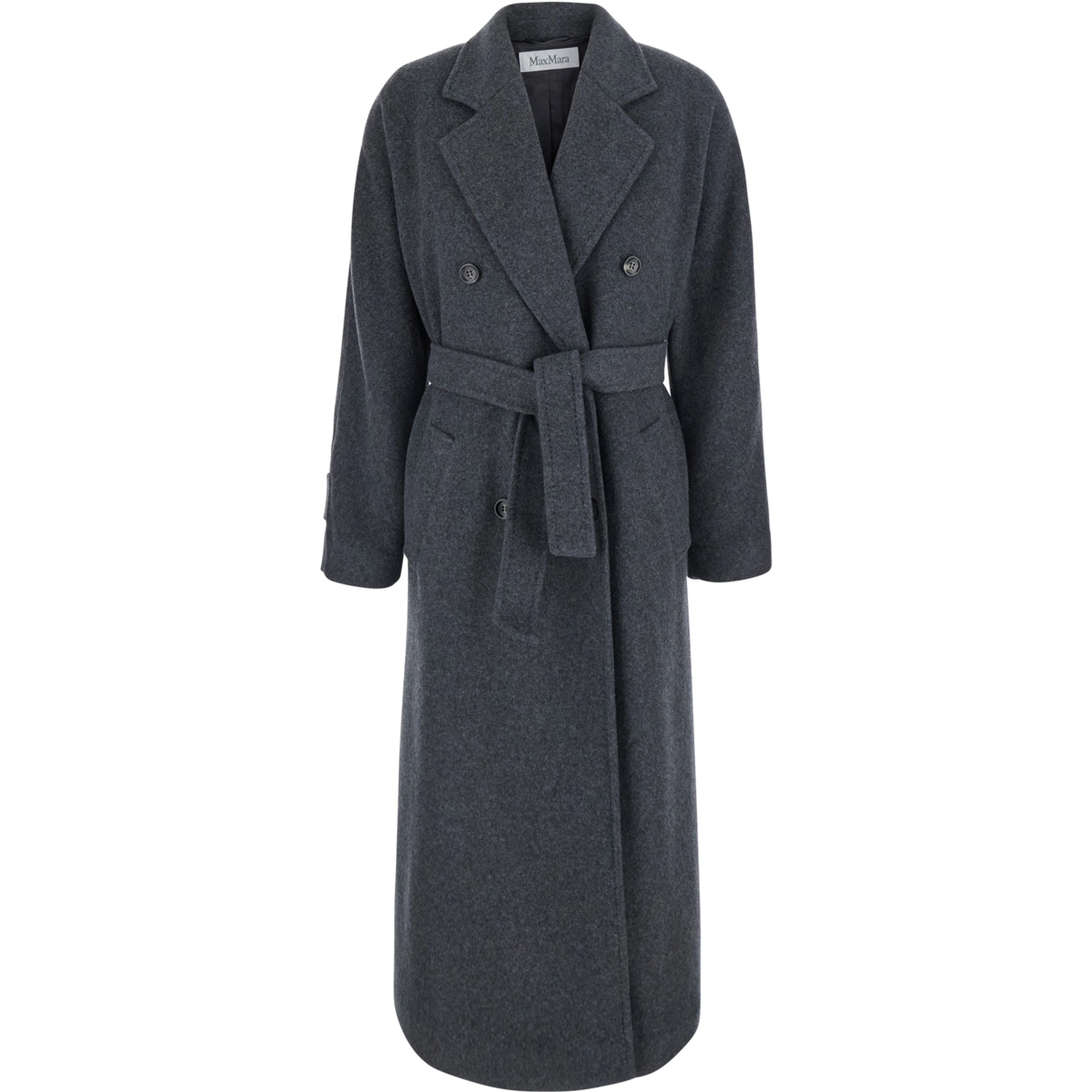 Cadmio Gray Double-breasted coat with Notched revers and front belt in cashmere blend for women
