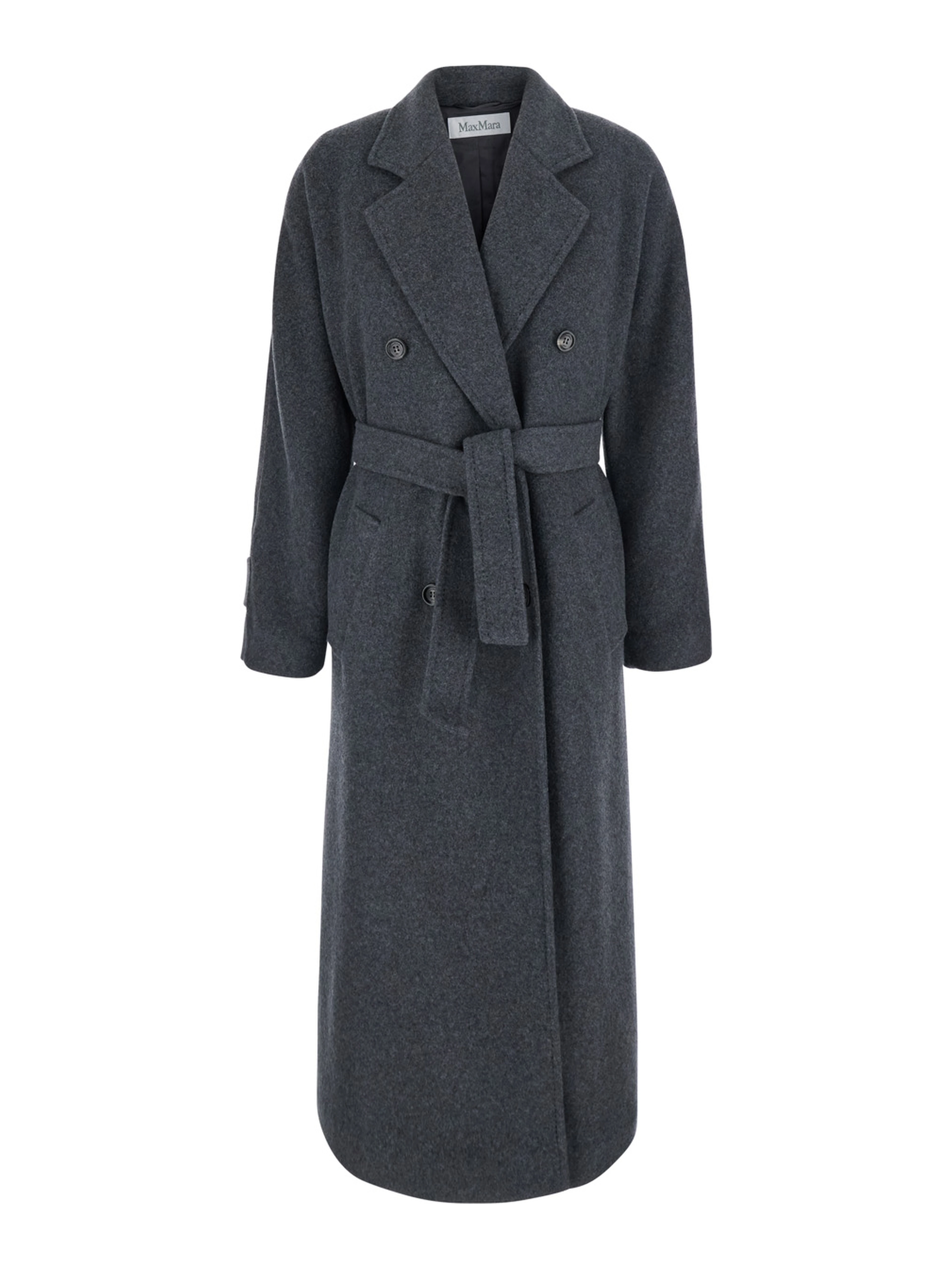 Cadmio Gray Double-breasted coat with Notched revers and front belt in cashmere blend for women