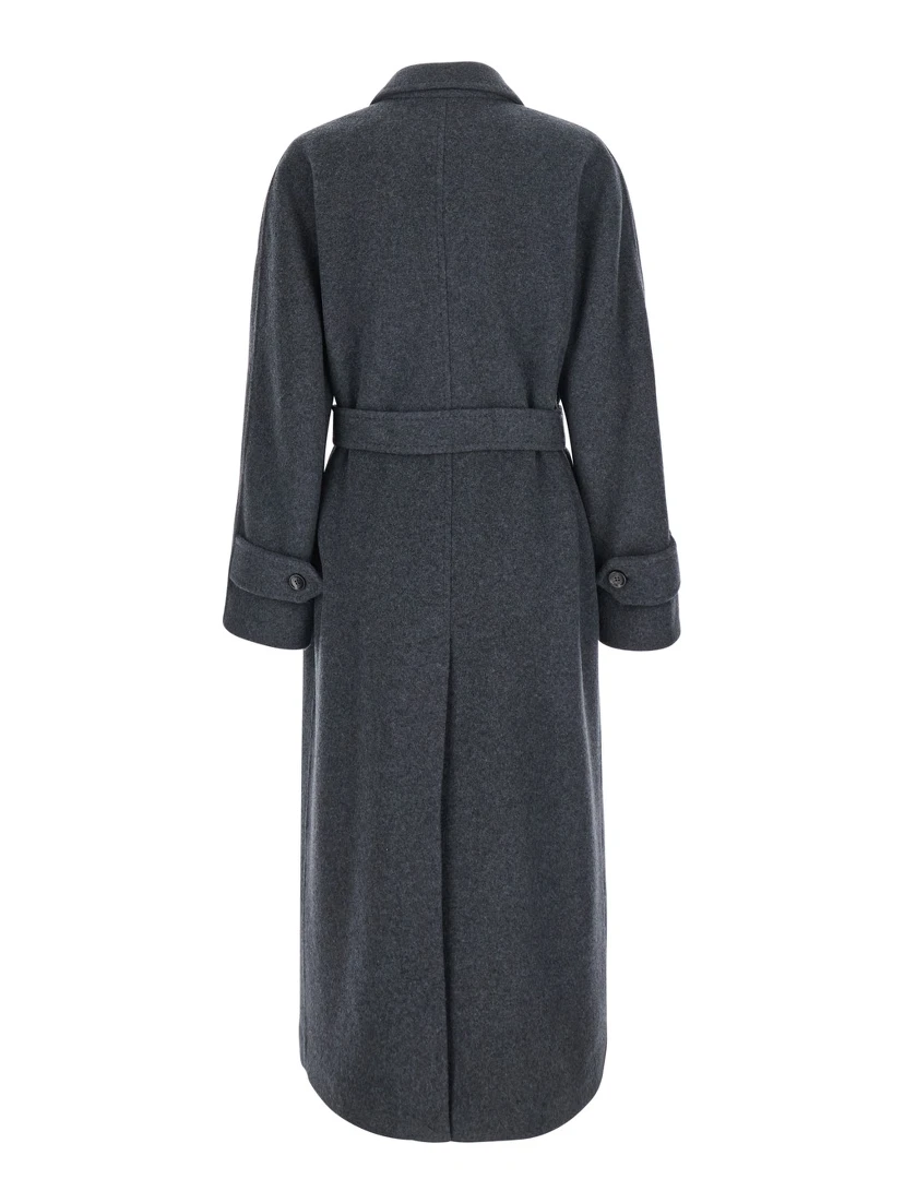 Cadmio Gray Double-breasted coat with Notched revers and front belt in cashmere blend for women