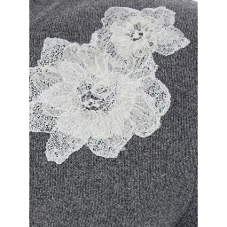 Grey Cardigan with embroidered floral lace details in wool for women