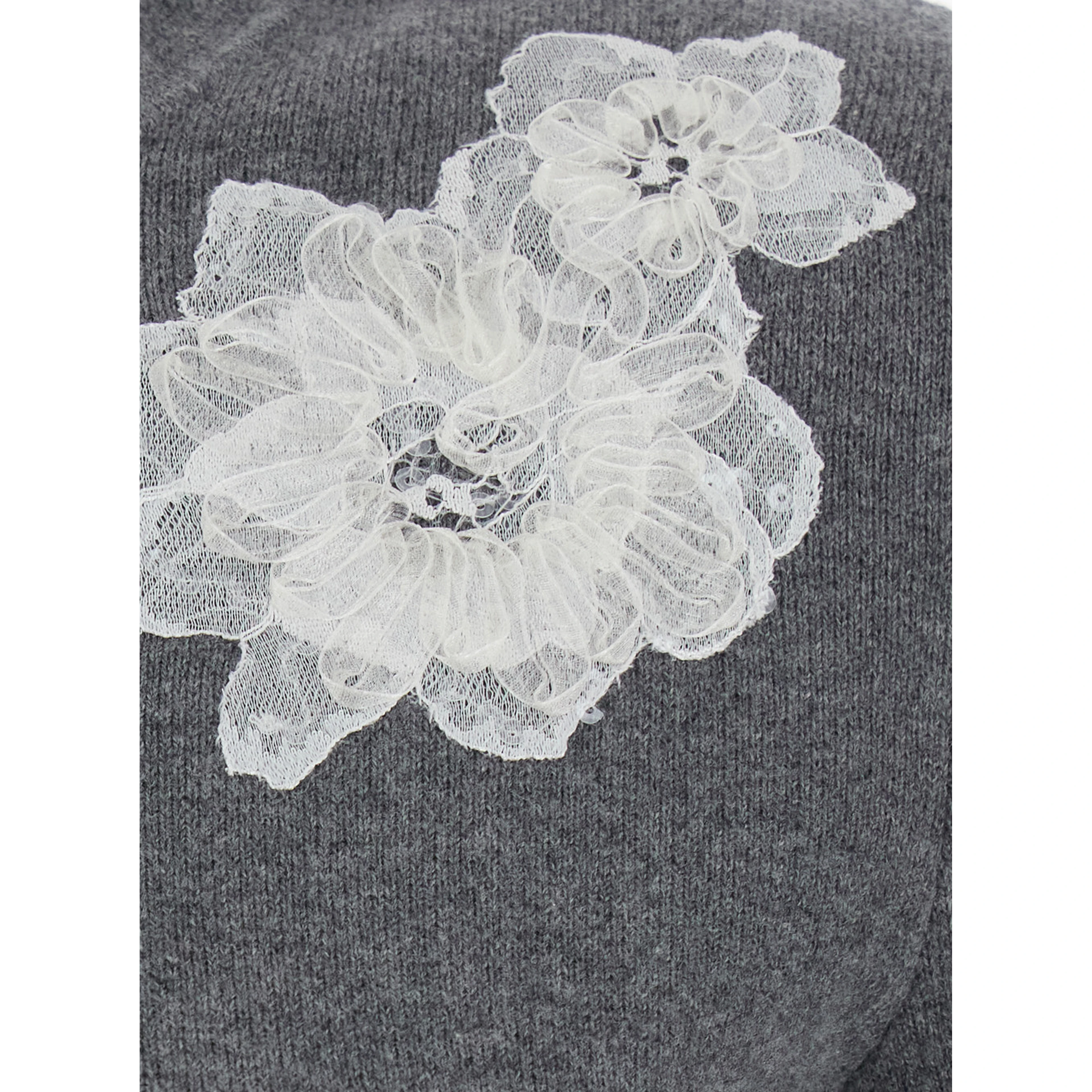 Grey Cardigan with embroidered floral lace details in wool for women