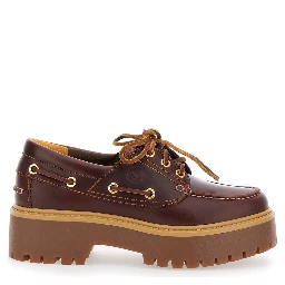 Loafers with Engraved Logo and Platform in Brown Leather for Women