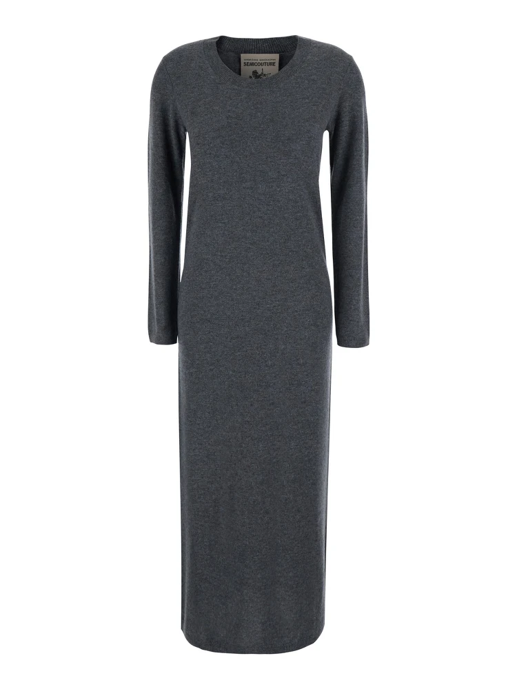 Brenda Gray long dress with round neck in wool and cashmere for women