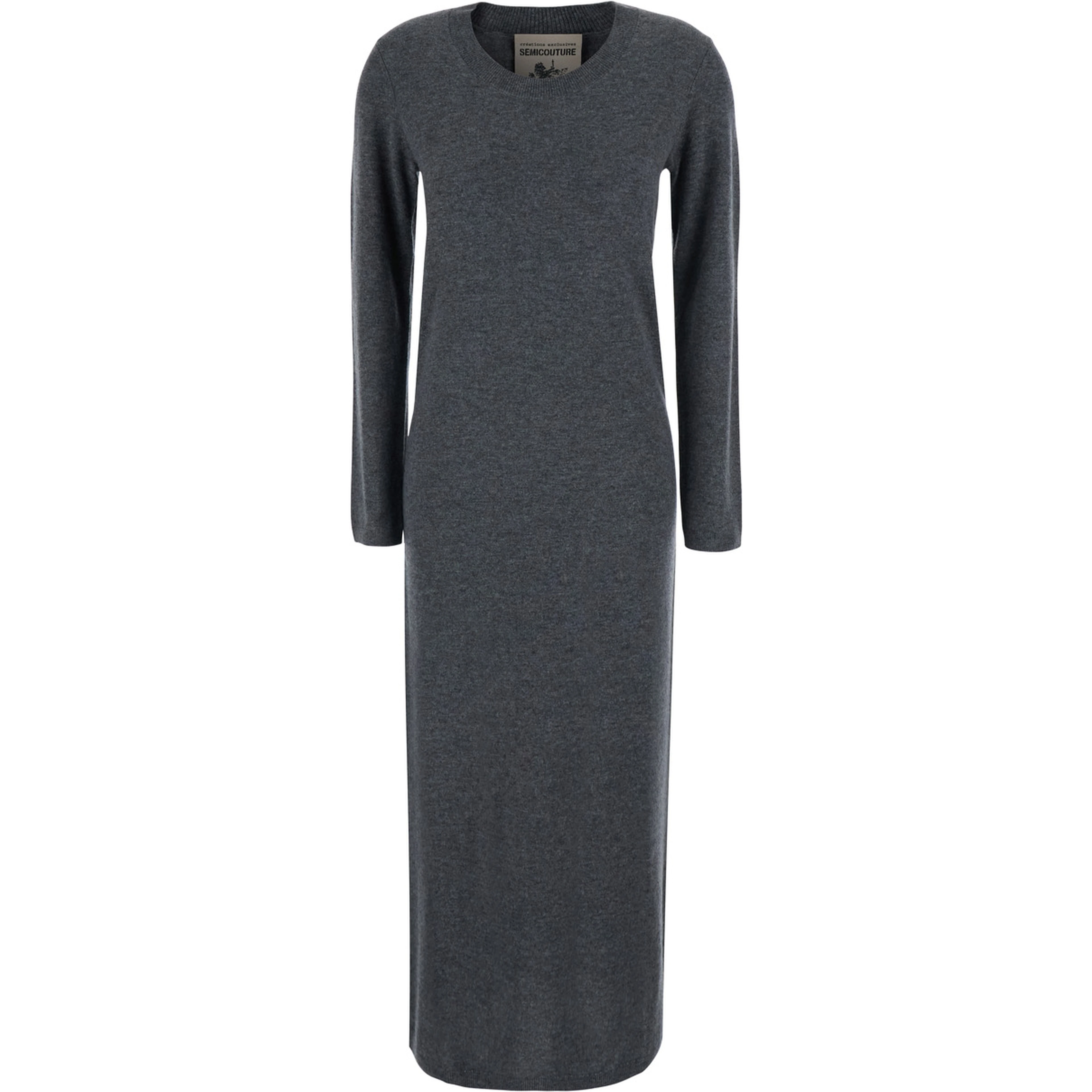 Brenda Gray long dress with round neck in wool and cashmere for women