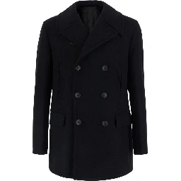 San Francisco Black Double-Breasted Coat with Notched Revers in Blend Wool for Men