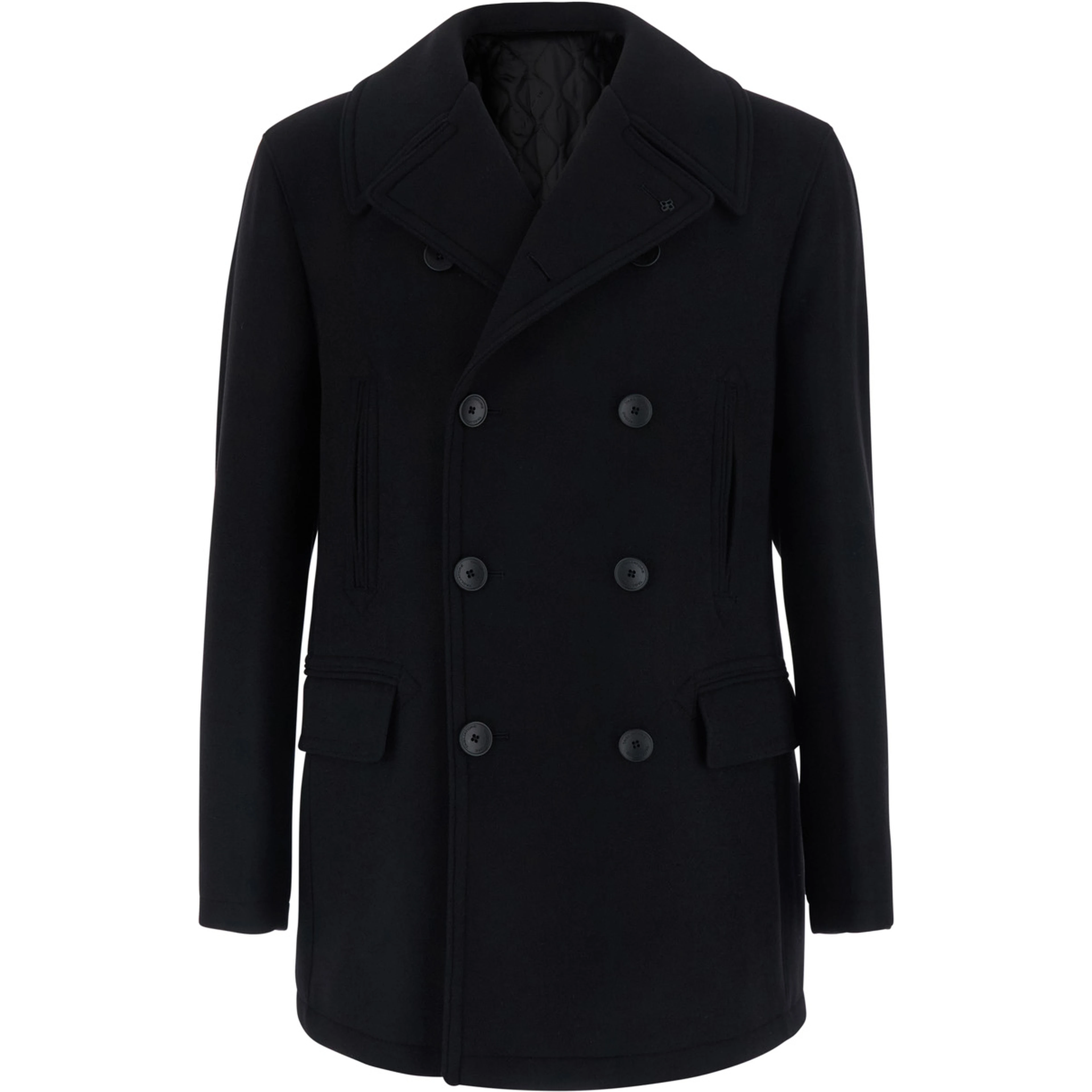 San Francisco Black Double-Breasted Coat with Notched Revers in Blend Wool for Men