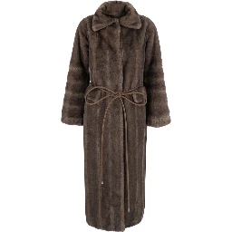 Brown Shearling coat with wide collar and front belt in ecofur for women