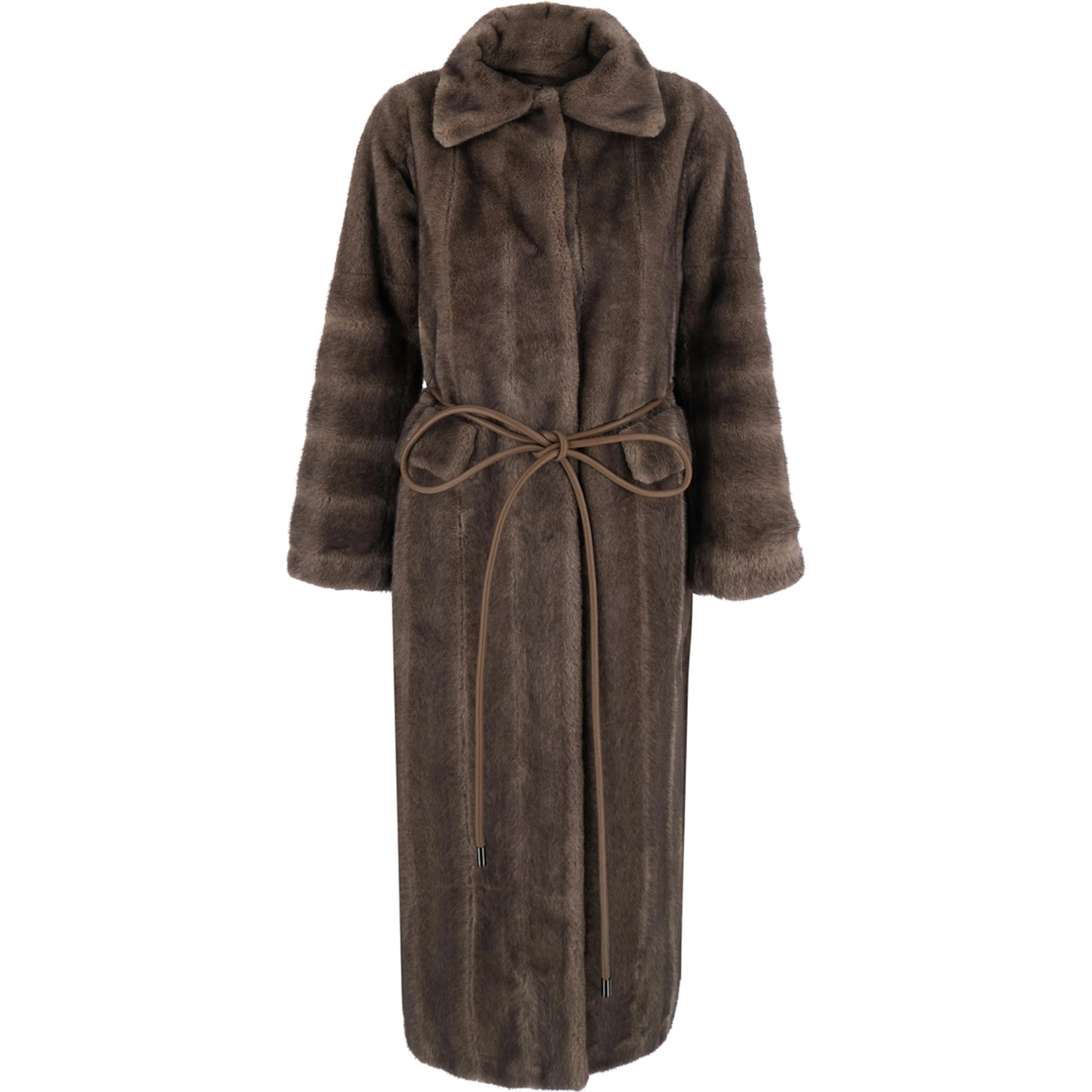 Brown Shearling coat with wide collar and front belt in ecofur for women