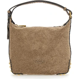 Beige Handbag with Top Handle and Metal Dots in Suede for Women