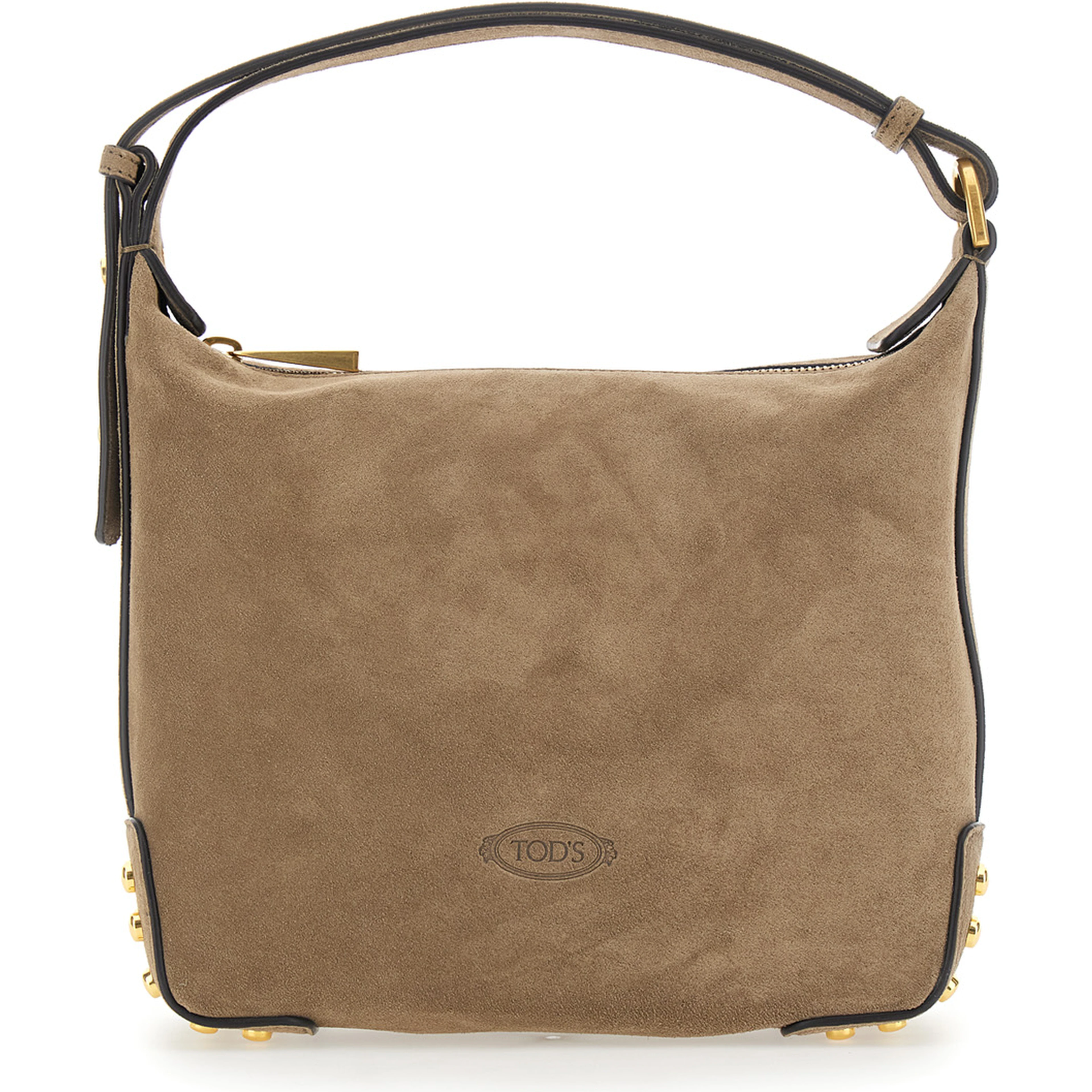Beige Handbag with Top Handle and Metal Dots in Suede for Women