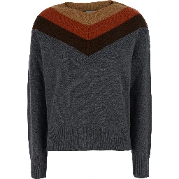 Gray Sweater with Triple Neck and Ribbed Trims in Wool for Women