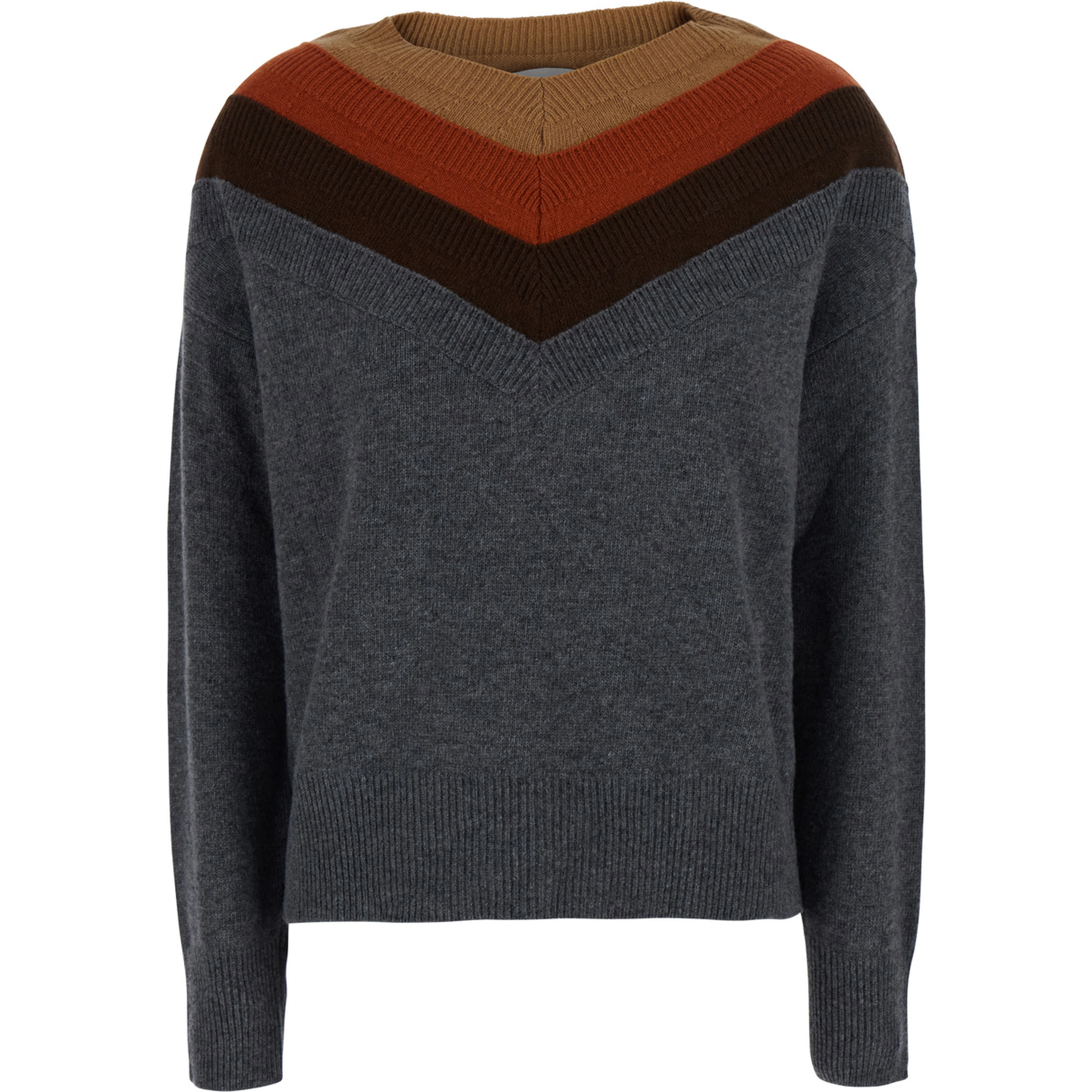 Gray Sweater with Triple Neck and Ribbed Trims in Wool for Women