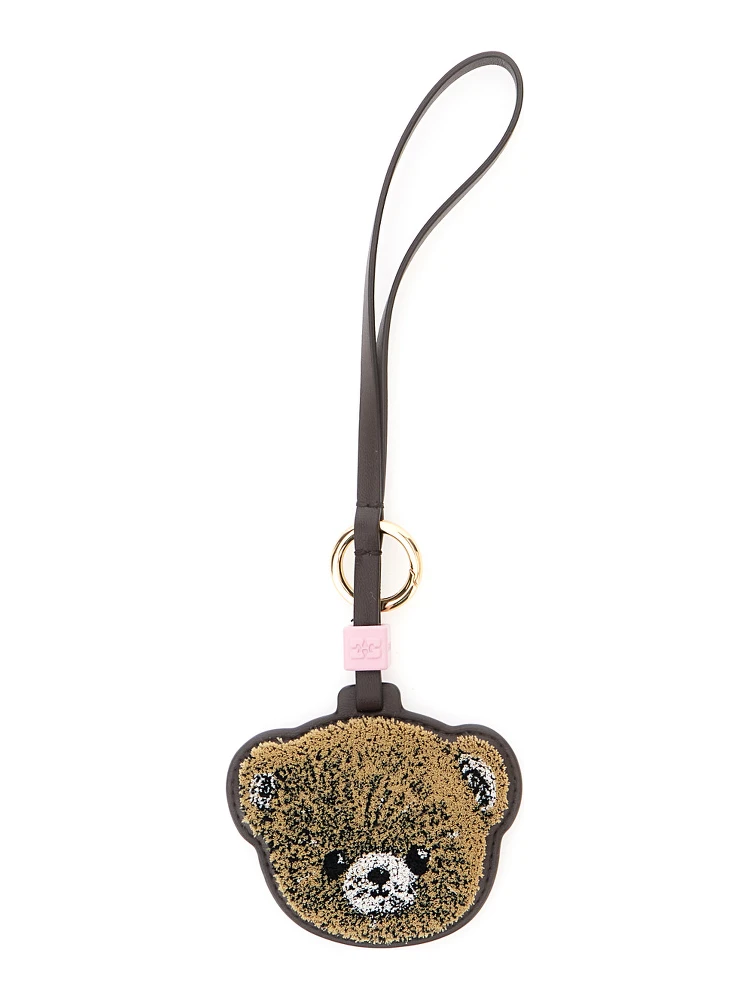 Teddy Bear Beige Keychain with bear-shaped design in Leather and Fabric for Women