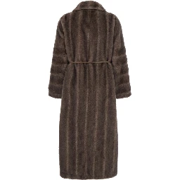 Brown Shearling coat with wide collar and front belt in ecofur for women