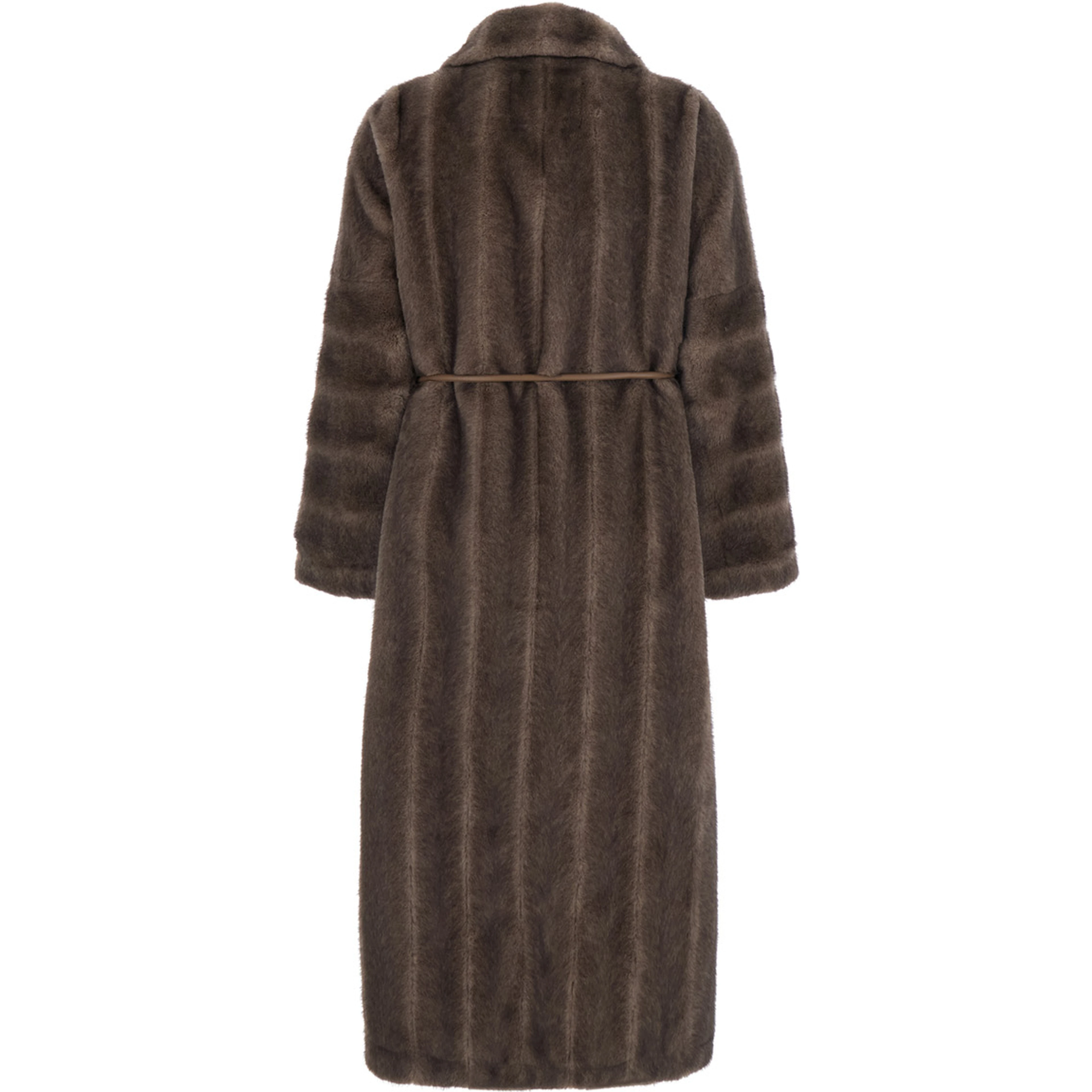 Brown Shearling coat with wide collar and front belt in ecofur for women