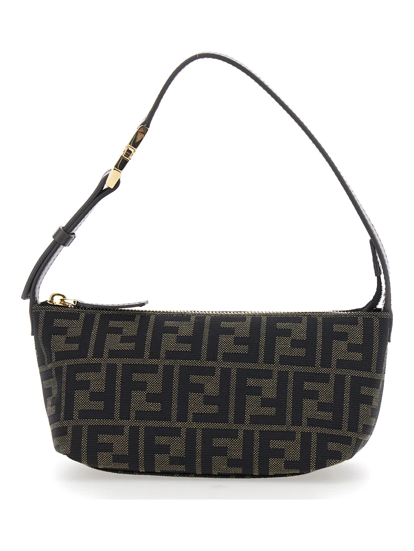 Brown Mini Bag with Adjustable and Removable Shoulder Strap with FF plate in FF Canvas for Women