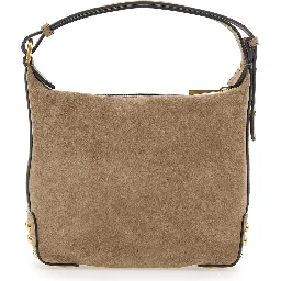 Beige Handbag with Top Handle and Metal Dots in Suede for Women