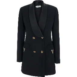 Black Jacket with lapels and crystal details and logo in Wool Women