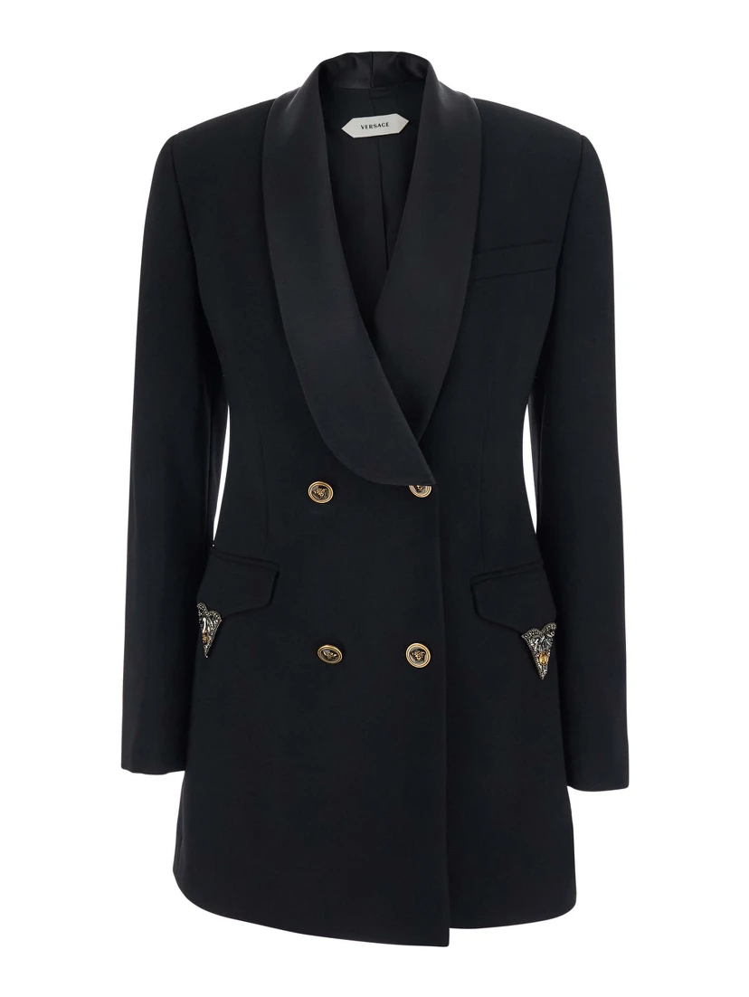 Black Jacket with lapels and crystal details and logo in Wool Women