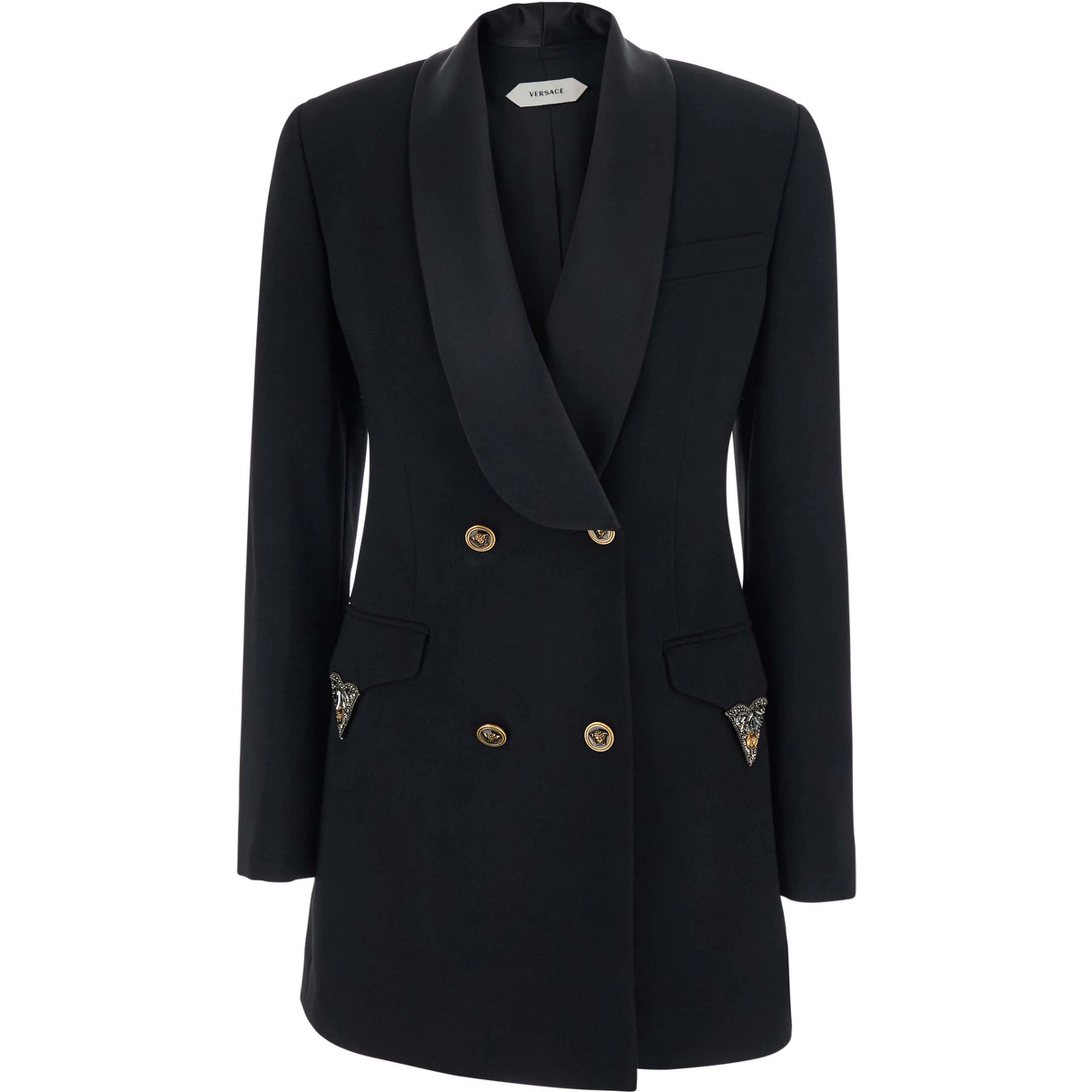 Black Jacket with lapels and crystal details and logo in Wool Women