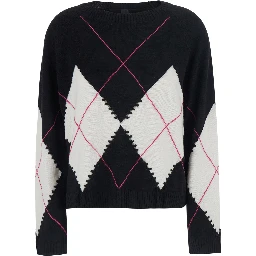 Berna Black Sweater with argyle motif and perforated details in wool and cashmere for women