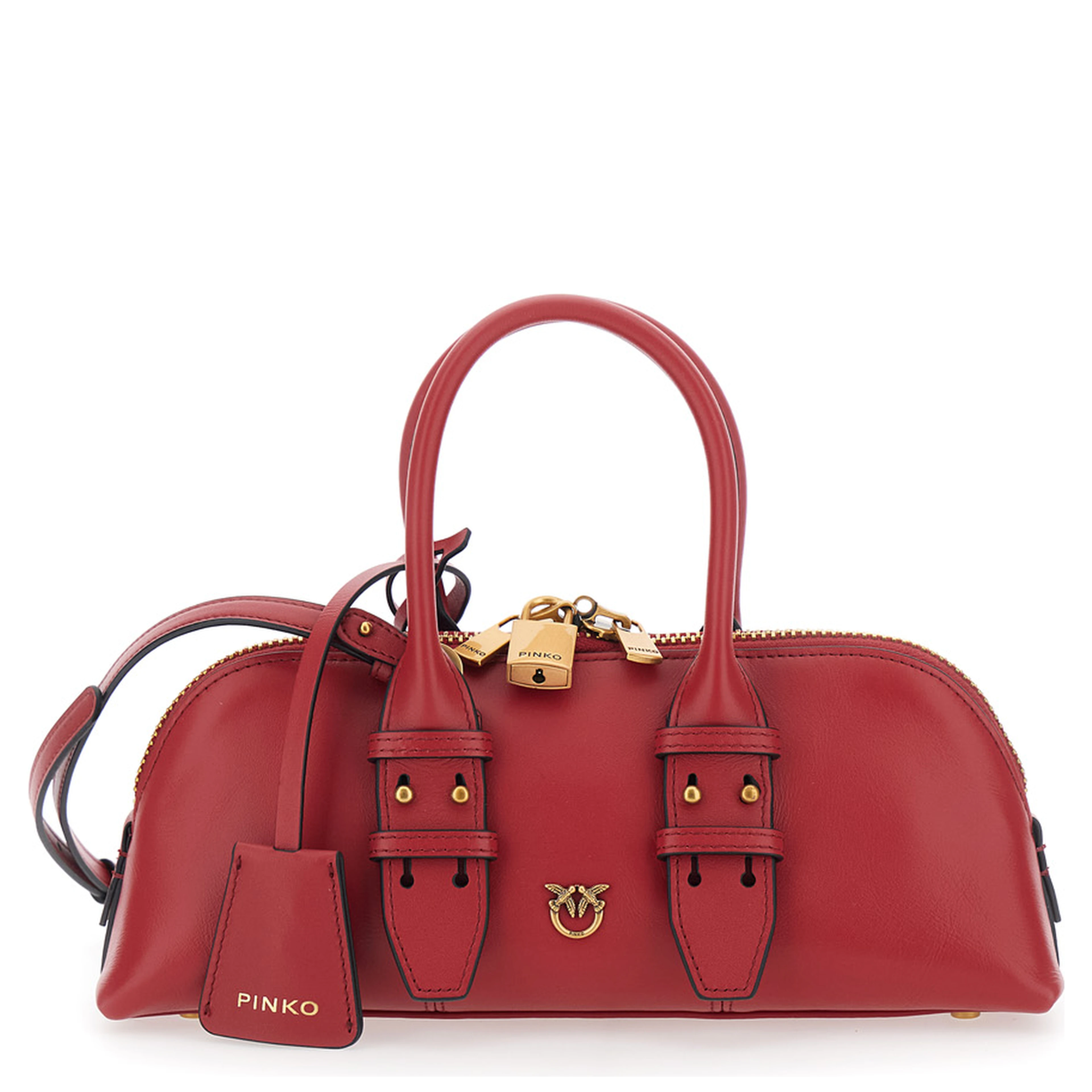 Bowling Horizontal Red Handbag with adjustable and removable shoulder strap and Love Birds plate on the front in leather for women