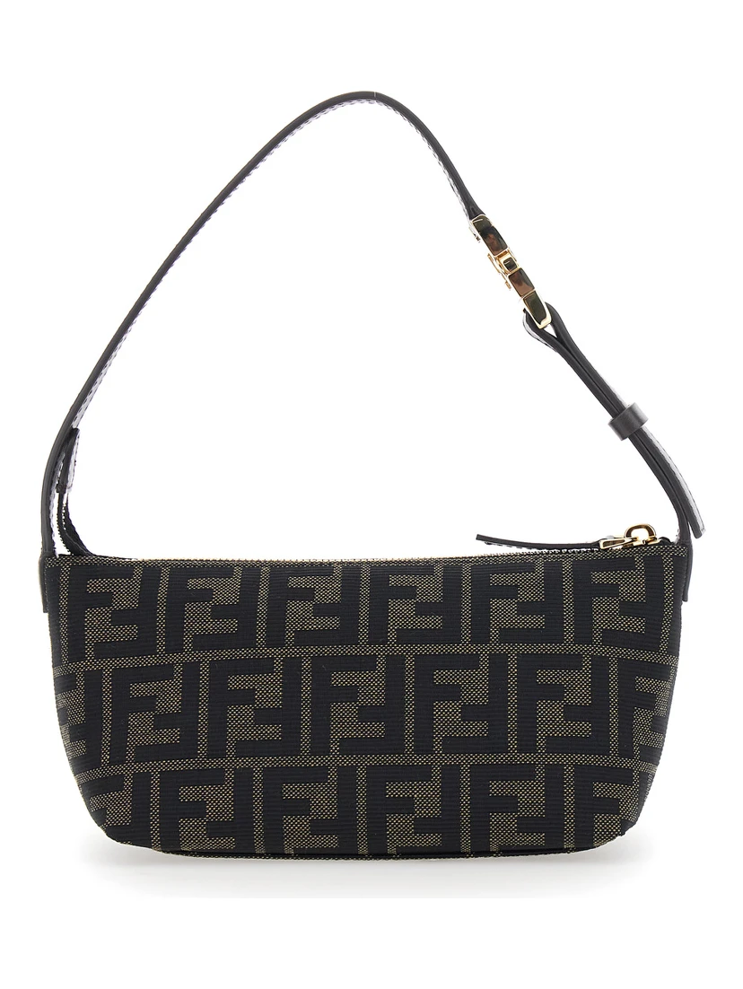 Brown Mini Bag with Adjustable and Removable Shoulder Strap with FF plate in FF Canvas for Women