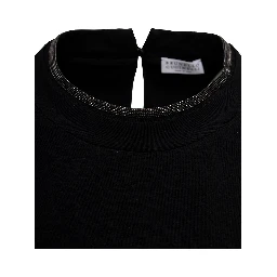 Brunello Cucinelli Womans Black Cotton T-Shirt with Monile Crew neck