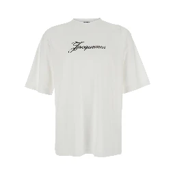 Le T-Shirt Jacquemus White Crew Neck T-Shirt with Logo Lettering on the Front in Cotton Blend for Men