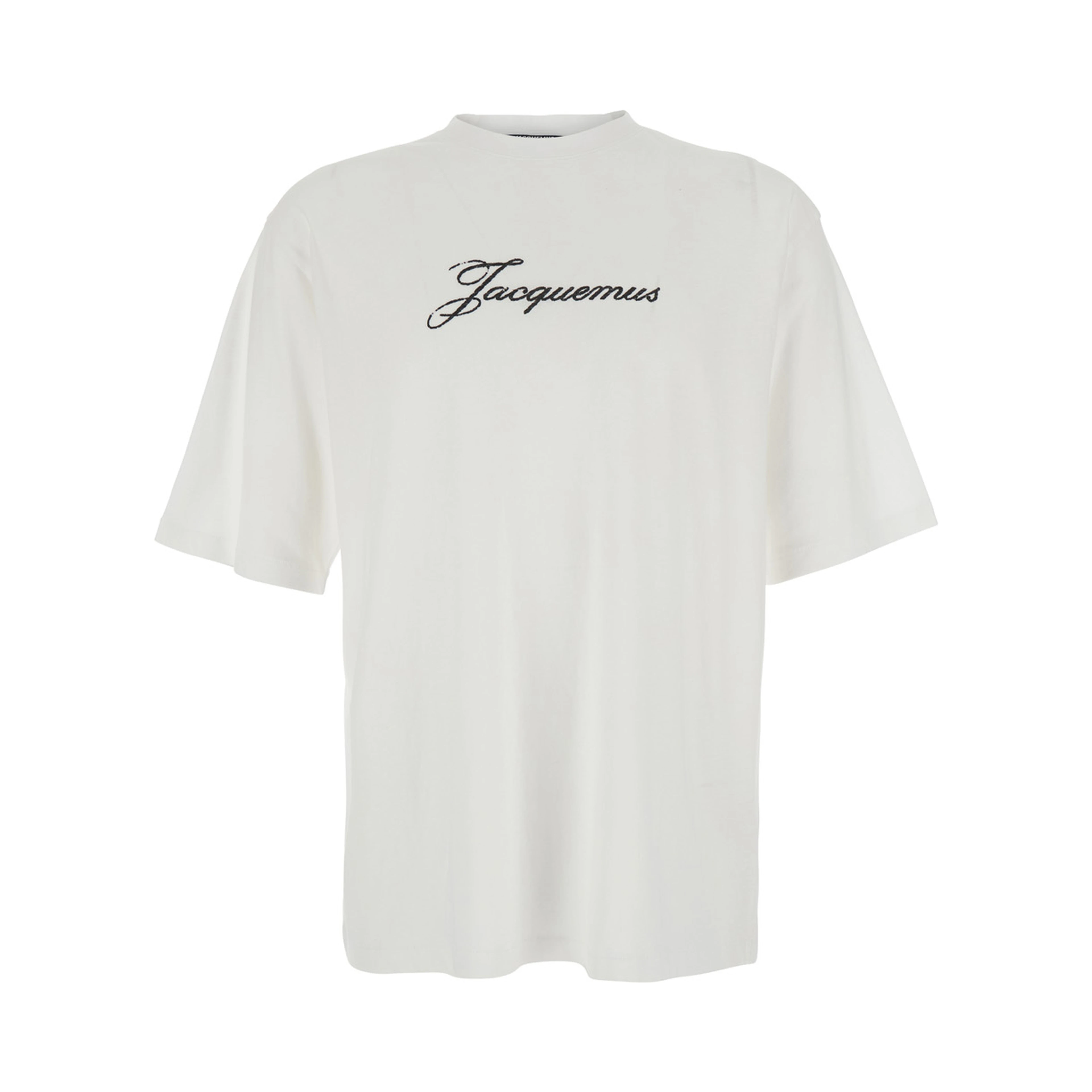 Le T-Shirt Jacquemus White Crew Neck T-Shirt with Logo Lettering on the Front in Cotton Blend for Men