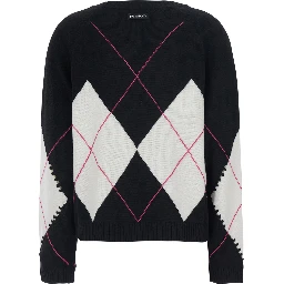 Berna Black Sweater with argyle motif and perforated details in wool and cashmere for women