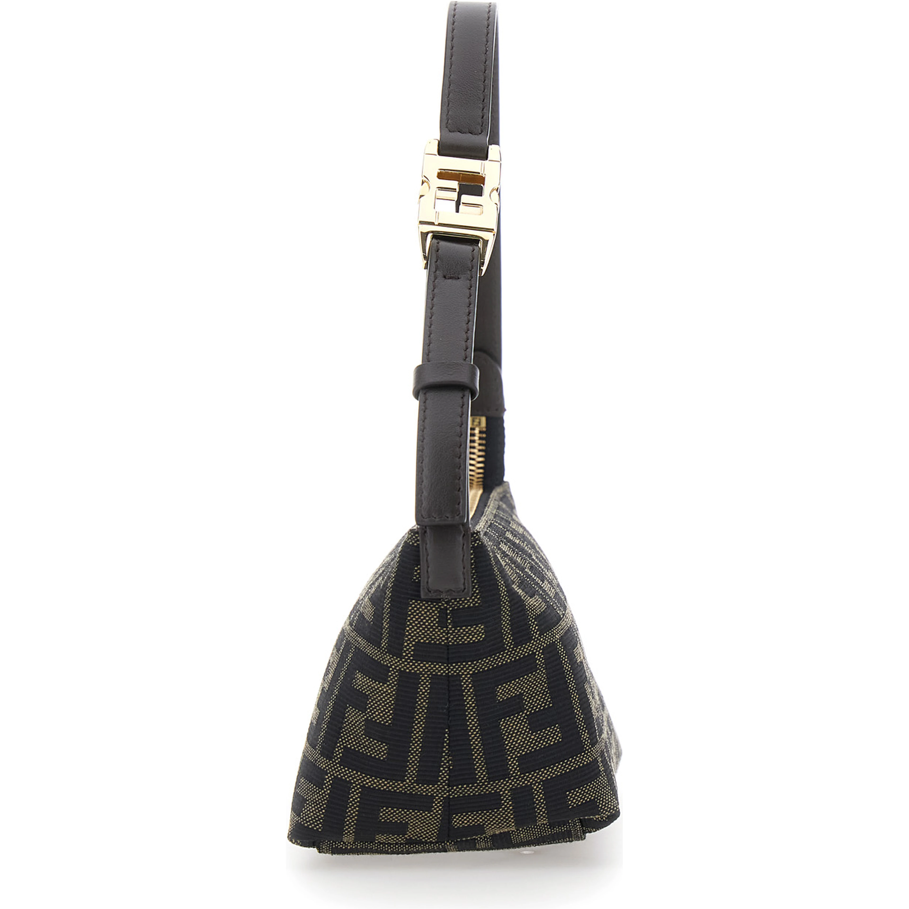 Brown Mini Bag with Adjustable and Removable Shoulder Strap with FF plate in FF Canvas for Women