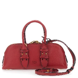 Bowling Horizontal Red Handbag with adjustable and removable shoulder strap and Love Birds plate on the front in leather for women