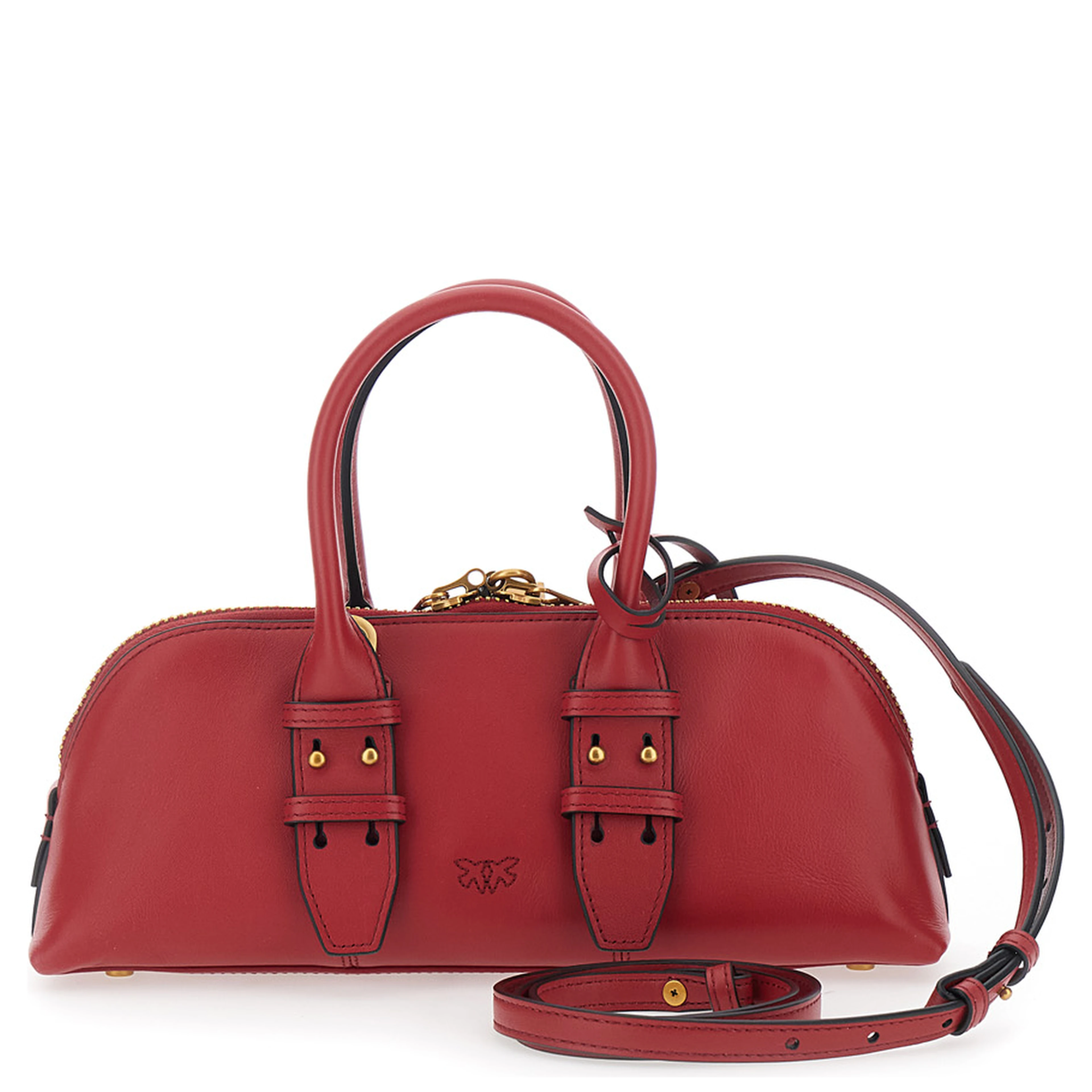 Bowling Horizontal Red Handbag with adjustable and removable shoulder strap and Love Birds plate on the front in leather for women