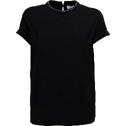Brunello Cucinelli Womans Black Cotton T-Shirt with Monile Crew neck