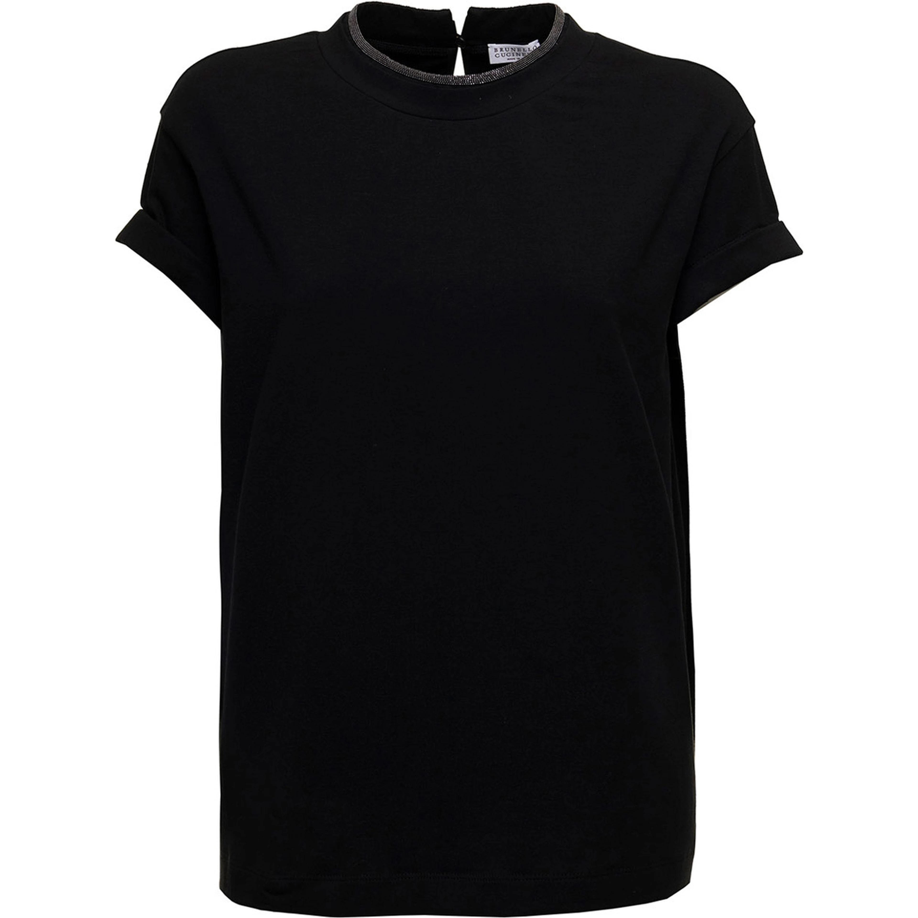 Brunello Cucinelli Womans Black Cotton T-Shirt with Monile Crew neck
