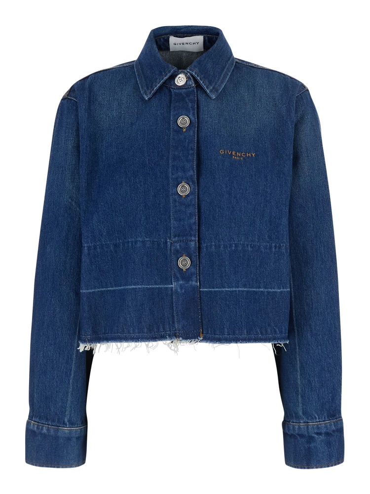 Blue Jacket with classic collar and logo lettering on the front in denim for women