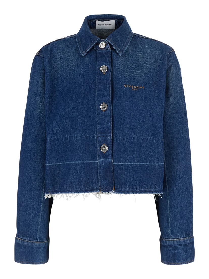 Blue Jacket with classic collar and logo lettering on the front in denim for women