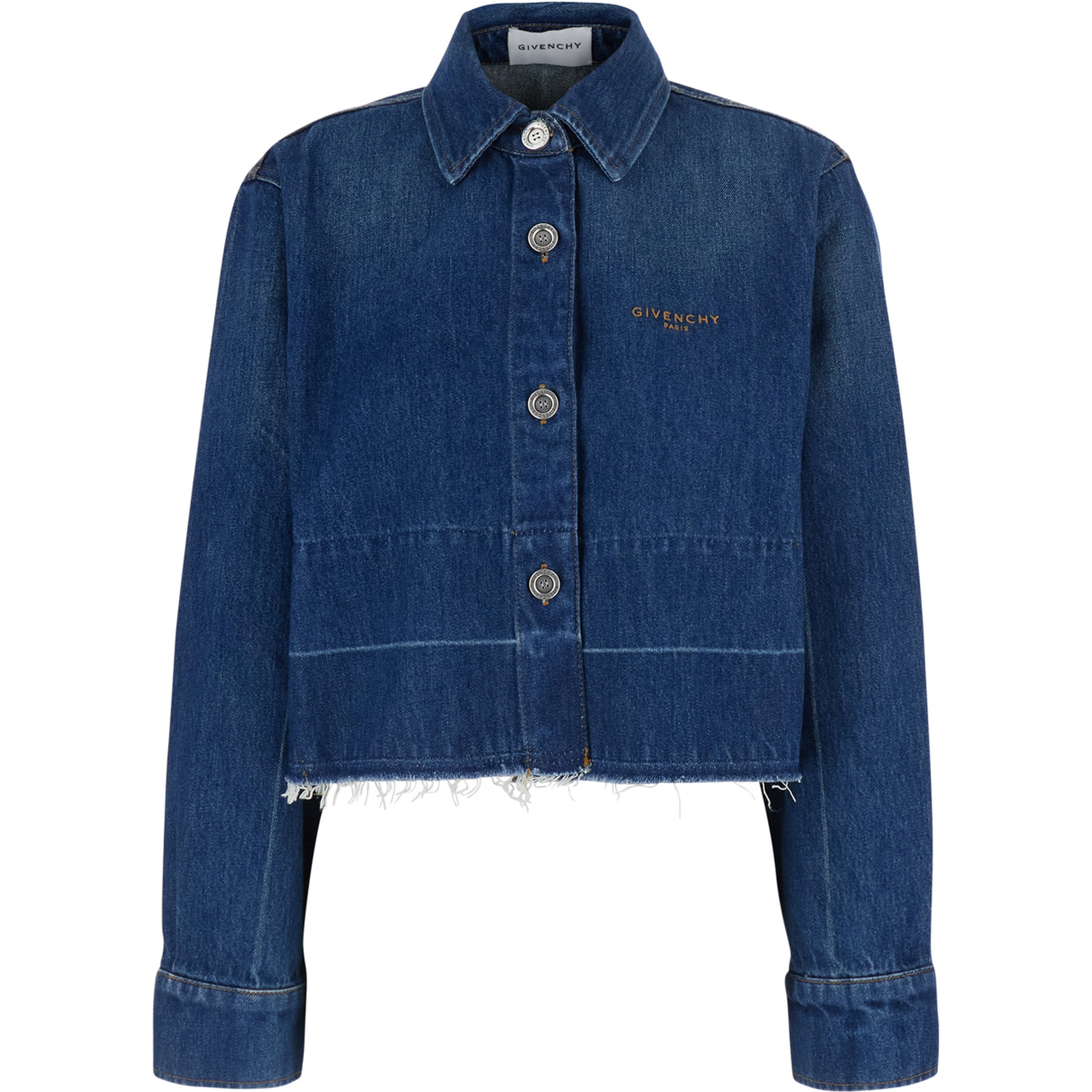 Blue Jacket with classic collar and logo lettering on the front in denim for women