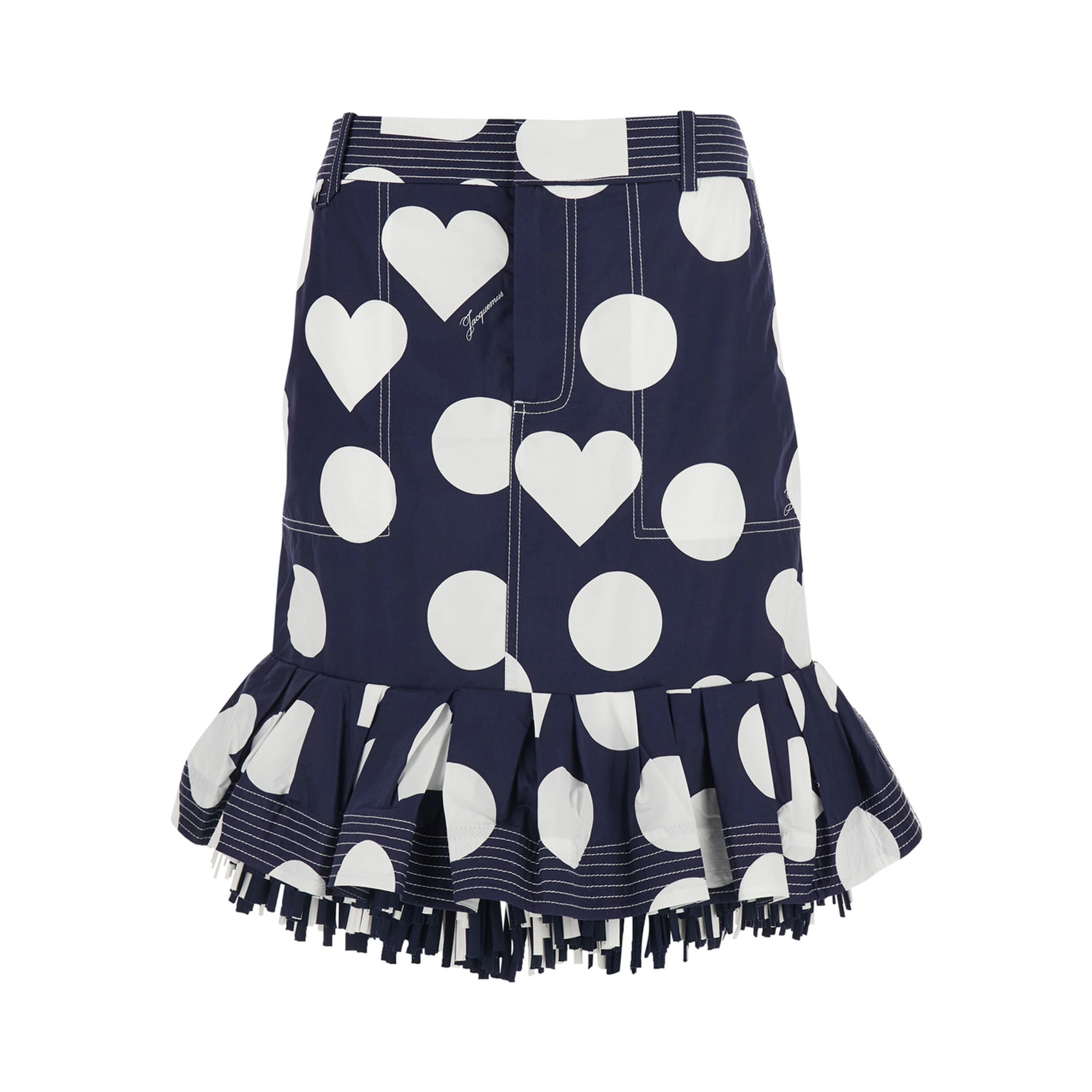 La Jupe Cabana Blue skirt with Hearts Polka Dot Motif and Fringed Hem in Cotton Woman