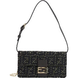 Brown Crossbody bag with leather strap and chain strap in FF canvas for women