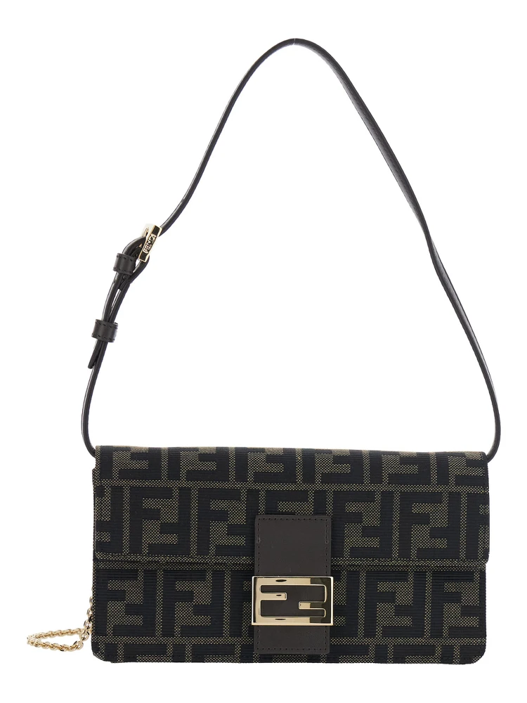 Brown Crossbody bag with leather strap and chain strap in FF canvas for women
