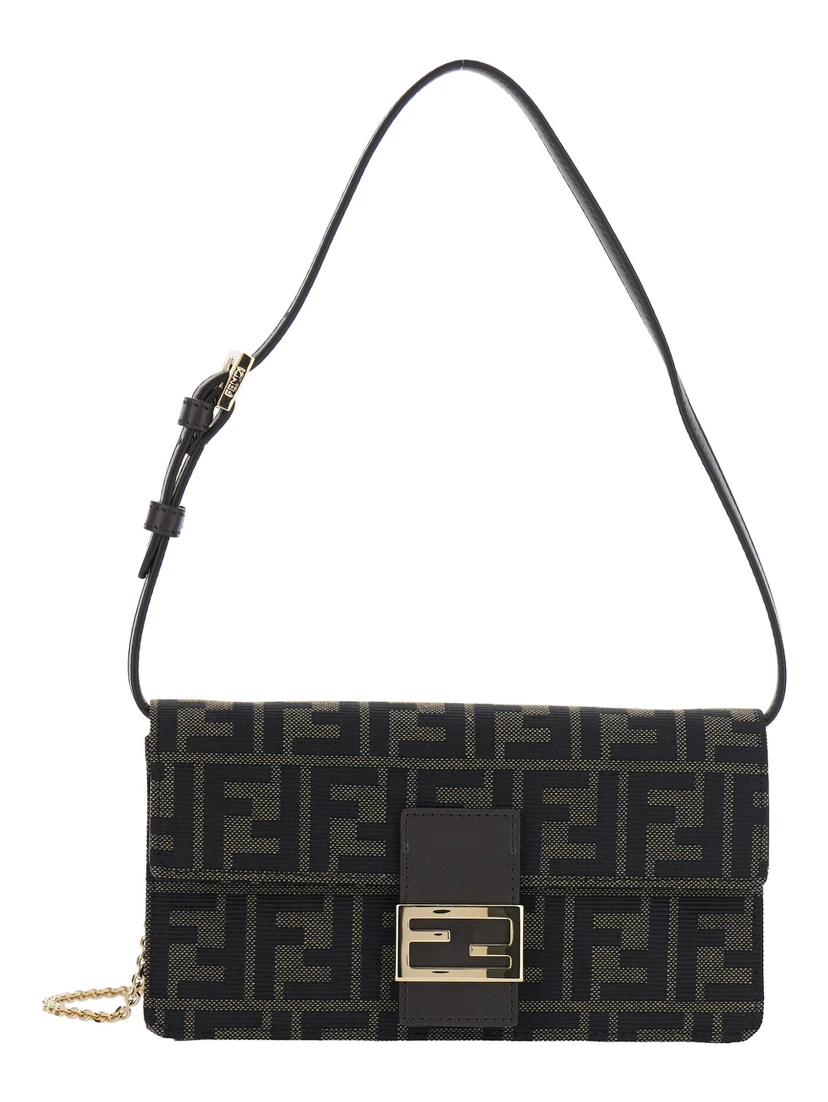 Brown Crossbody bag with leather strap and chain strap in FF canvas for women