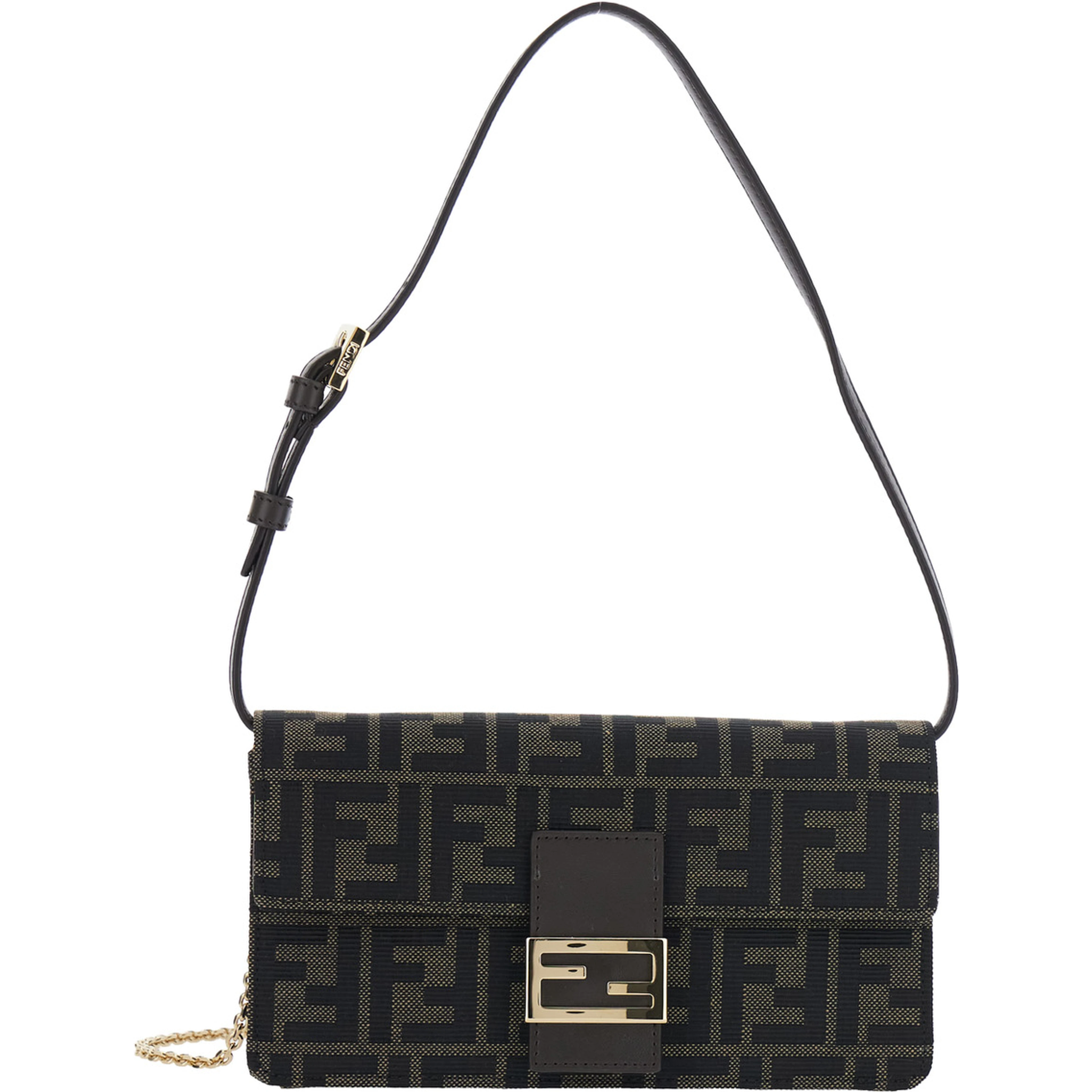 Brown Crossbody bag with leather strap and chain strap in FF canvas for women