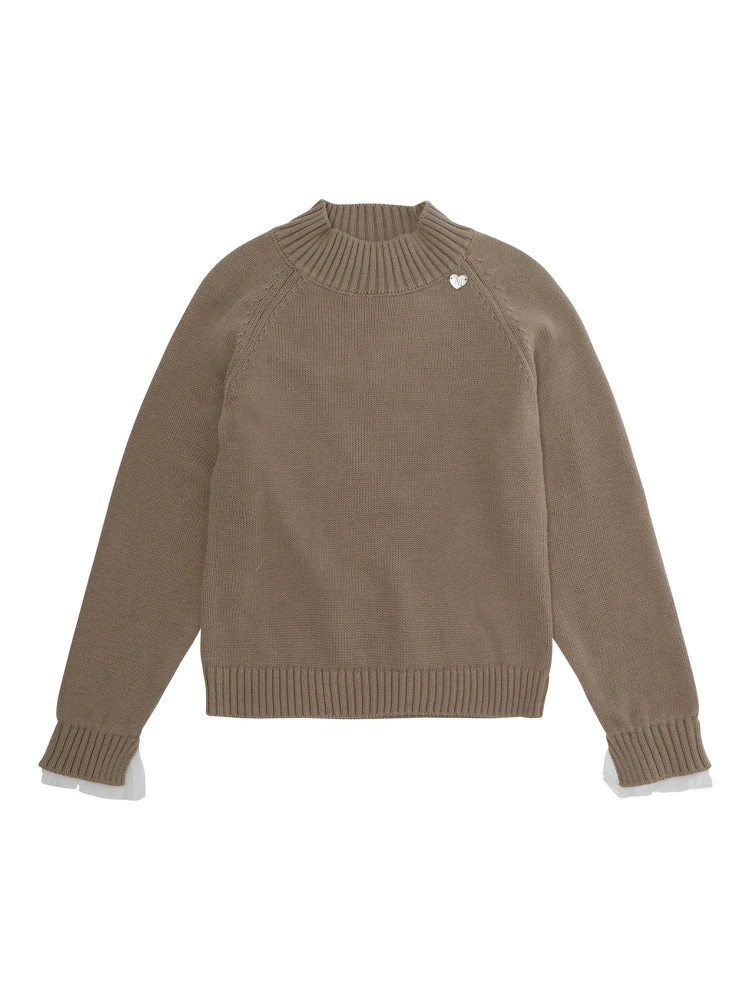 Beige Crewneck Sweater with Ribbed Trims and Logo Plate on the Front in Blend Wool and Cotton Girl