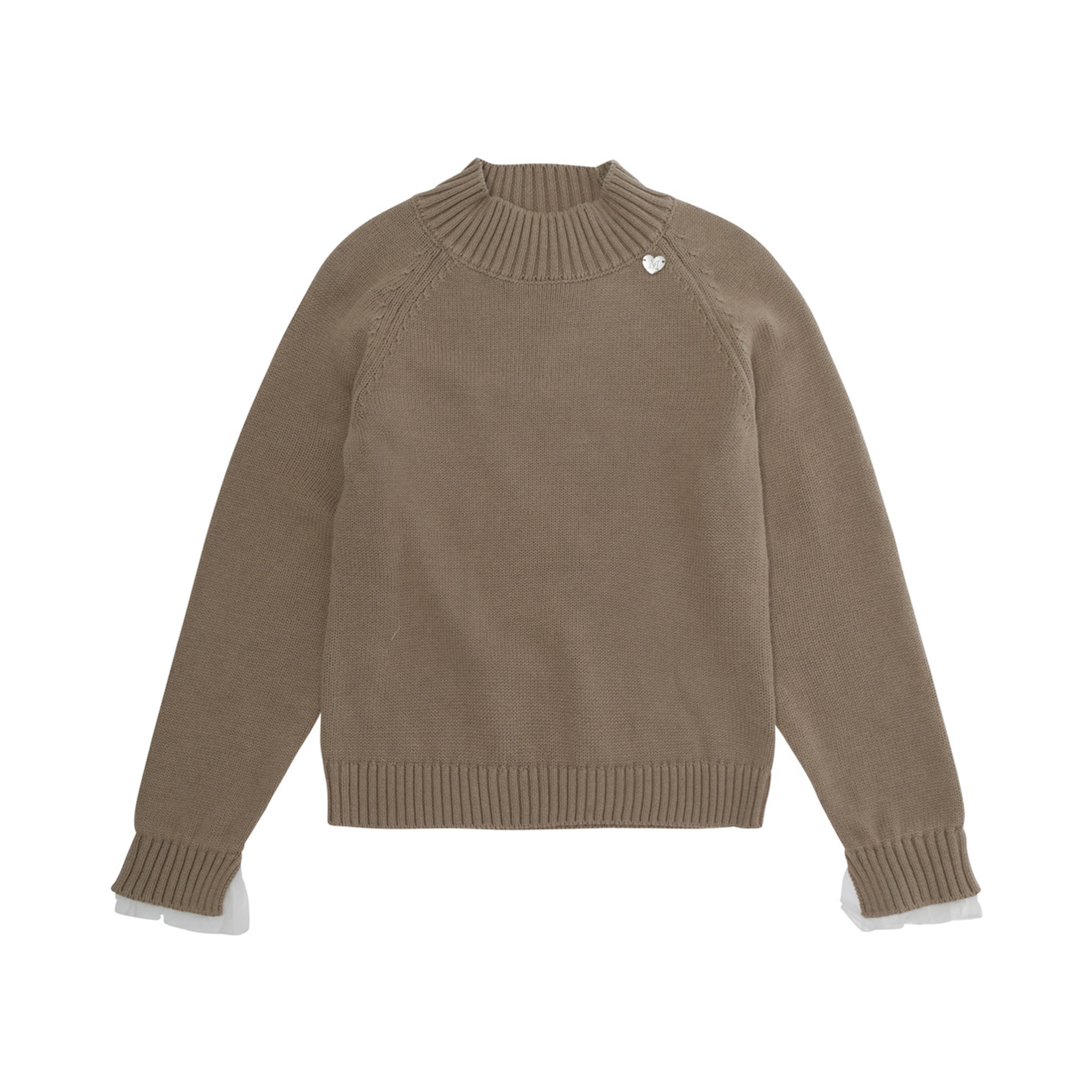 Beige Crewneck Sweater with Ribbed Trims and Logo Plate on the Front in Blend Wool and Cotton Girl