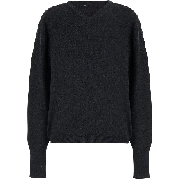 Grey Long Sleeve Sweater with V-Neck in Cashmere Women