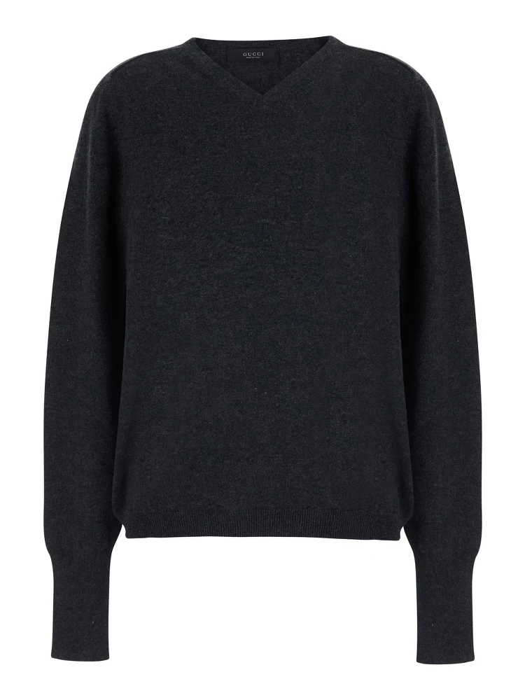 Grey Long Sleeve Sweater with V-Neck in Cashmere Women