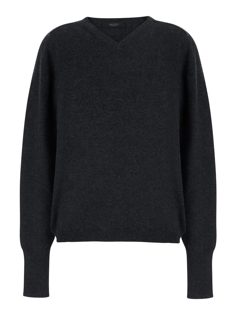 Grey Long Sleeve Sweater with V-Neck in Cashmere Women