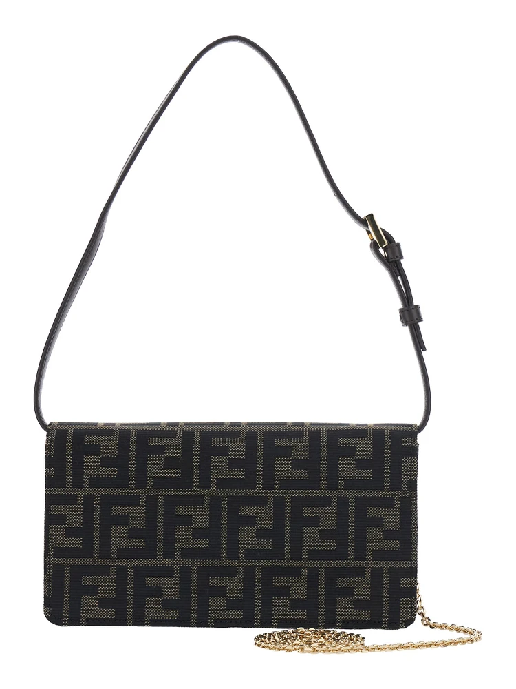 Brown Crossbody bag with leather strap and chain strap in FF canvas for women alternative